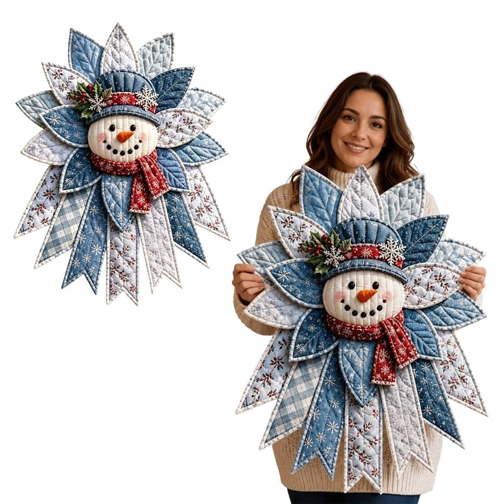 Quilted Snowman Christmas Door Hanger, Non‑Woven Felt Fabric DIY Sewing Craft Kit, Handmade Patchwork Snowman Holiday Wall & Front Door Home Decor, 23 Inch