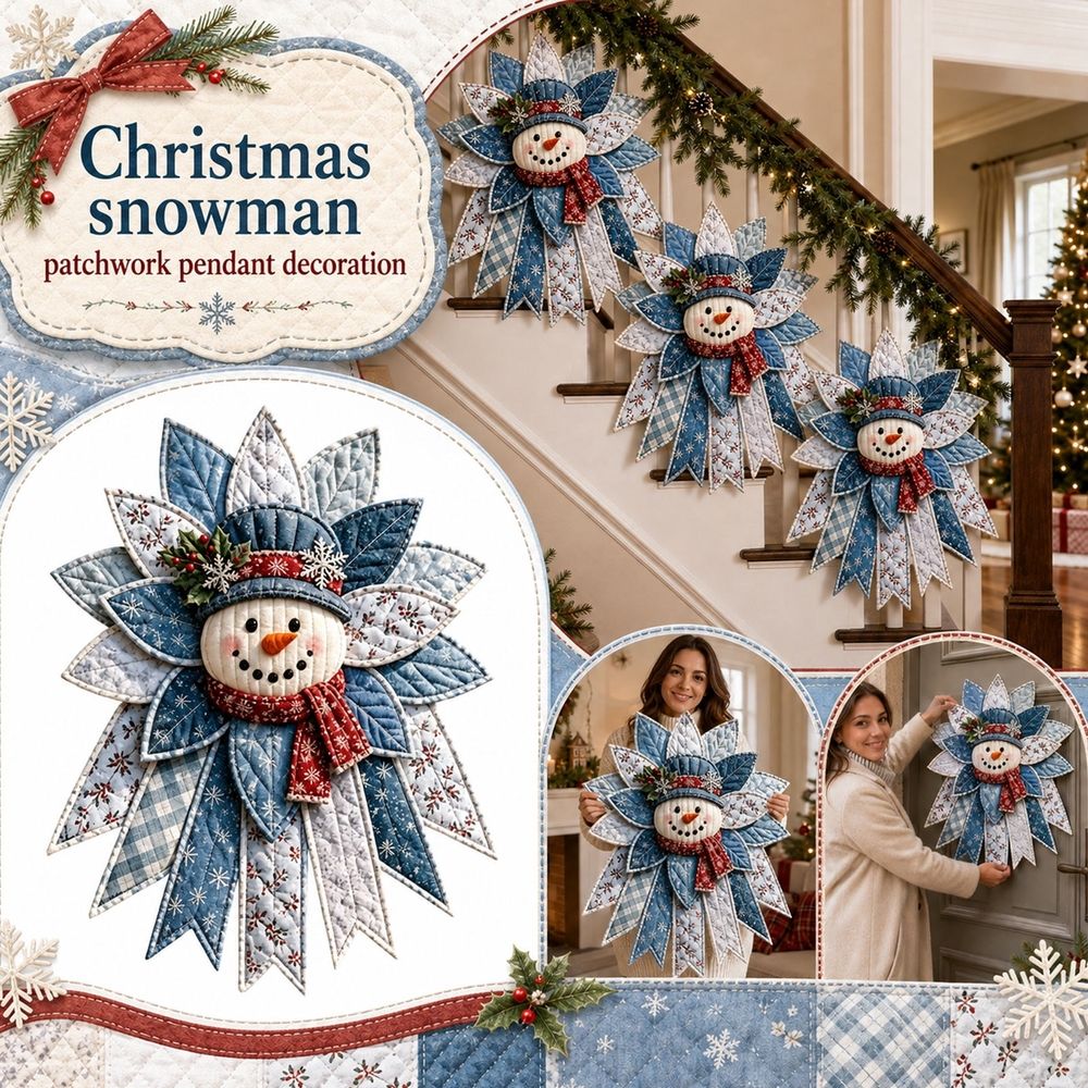 Quilted Snowman Christmas Door Hanger, Non‑Woven Felt Fabric DIY Sewing Craft Kit, Handmade Patchwork Snowman Holiday Wall & Front Door Home Decor, 23 Inch
