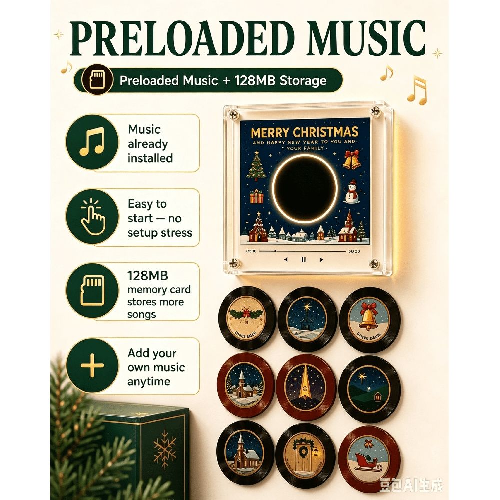 Clearance!Christmas Vinyl Player Fridge Record NFC Magnetic Music Box Set,Mini Jingle Magnets,Refrigerator Custom Storage,Personalized Retro,9 PCS Programmable Playback, Aesthetic Desk Decor Gift