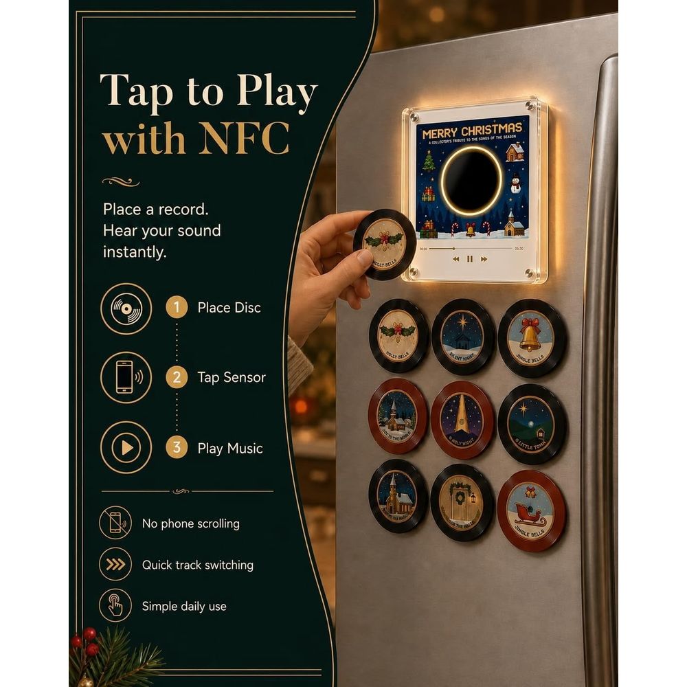 Clearance!Christmas Vinyl Player Fridge Record NFC Magnetic Music Box Set,Mini Jingle Magnets,Refrigerator Custom Storage,Personalized Retro,9 PCS Programmable Playback, Aesthetic Desk Decor Gift