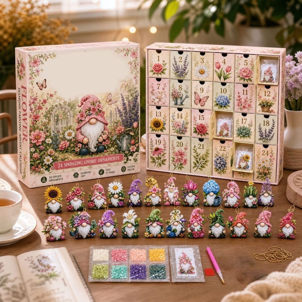 24 Days Gnome Diamond Painting Advent Calendar 2027, 24 Unique Flower Gnomes Diamond Art Kit, DIY Diamond Ornaments Countdown Calendar for Adults Beginners, Holiday Gift