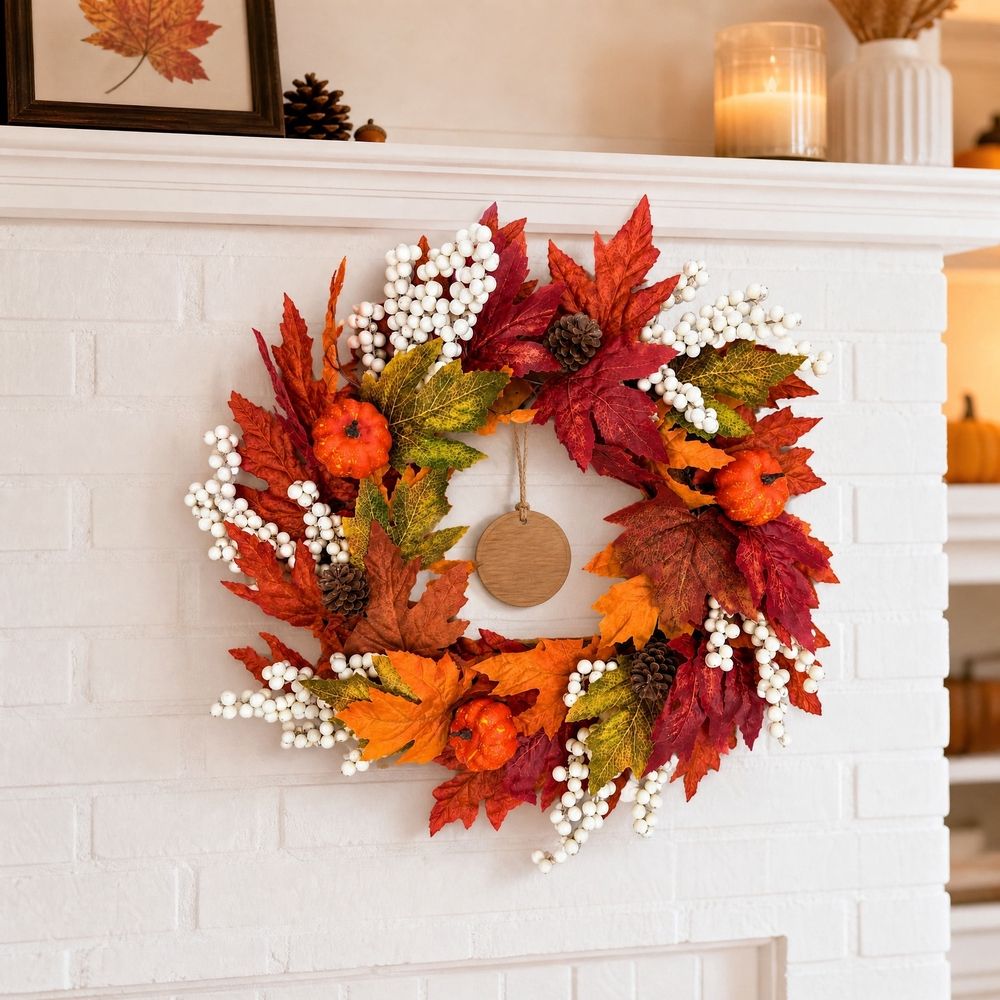 24 Inch Fall Wreath for Front Door, Artificial Autumn Harvest Wreath with Pumpkins Maple Leaves Berries, Thanksgiving Halloween Home Porch Decor