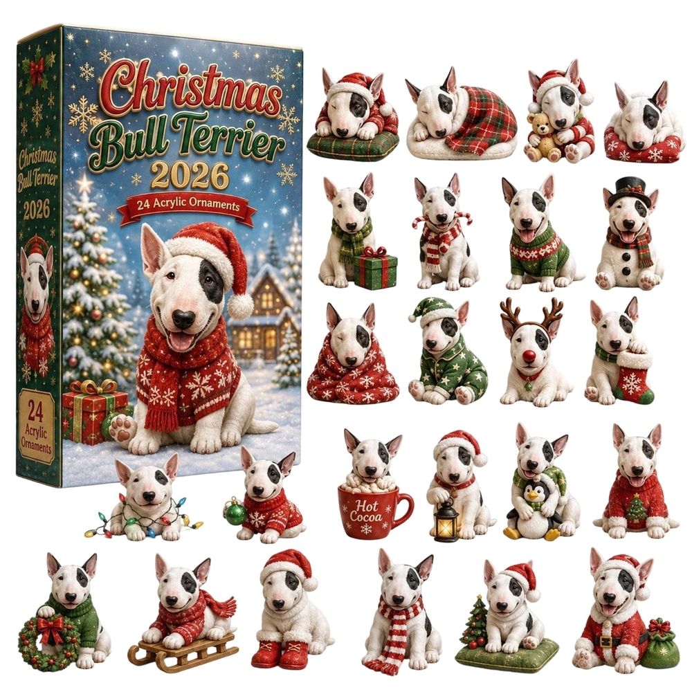 Clearacne!! Christmas Bull Terrier 24Pcs Acrylic Ornaments Set, 2D Flat Christmas Dog Hanging Decorations, Advent Calendar Style Xmas Tree Ornament Gift Box