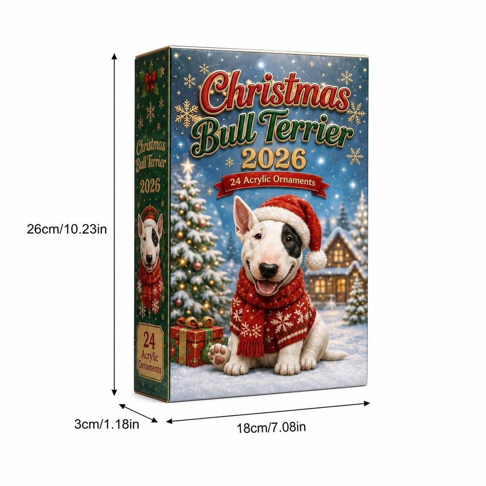 Clearacne!! Christmas Bull Terrier 24Pcs Acrylic Ornaments Set, 2D Flat Christmas Dog Hanging Decorations, Advent Calendar Style Xmas Tree Ornament Gift Box