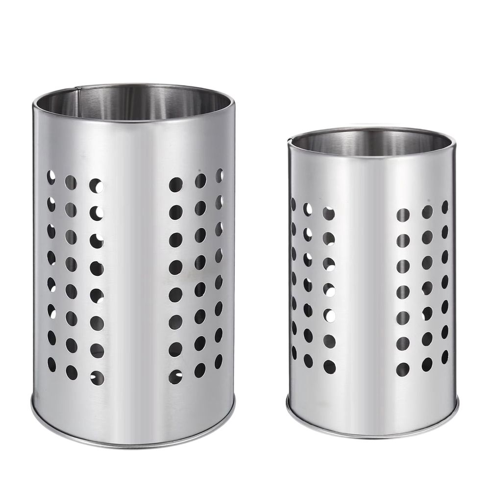 2‑Pack Stainless Steel Kitchen Utensil Holder, Round Perforated Drain‑Design Utensil Caddy, Countertop Chopstick Spatula Silver Storage Organizer for Kitchen Counter