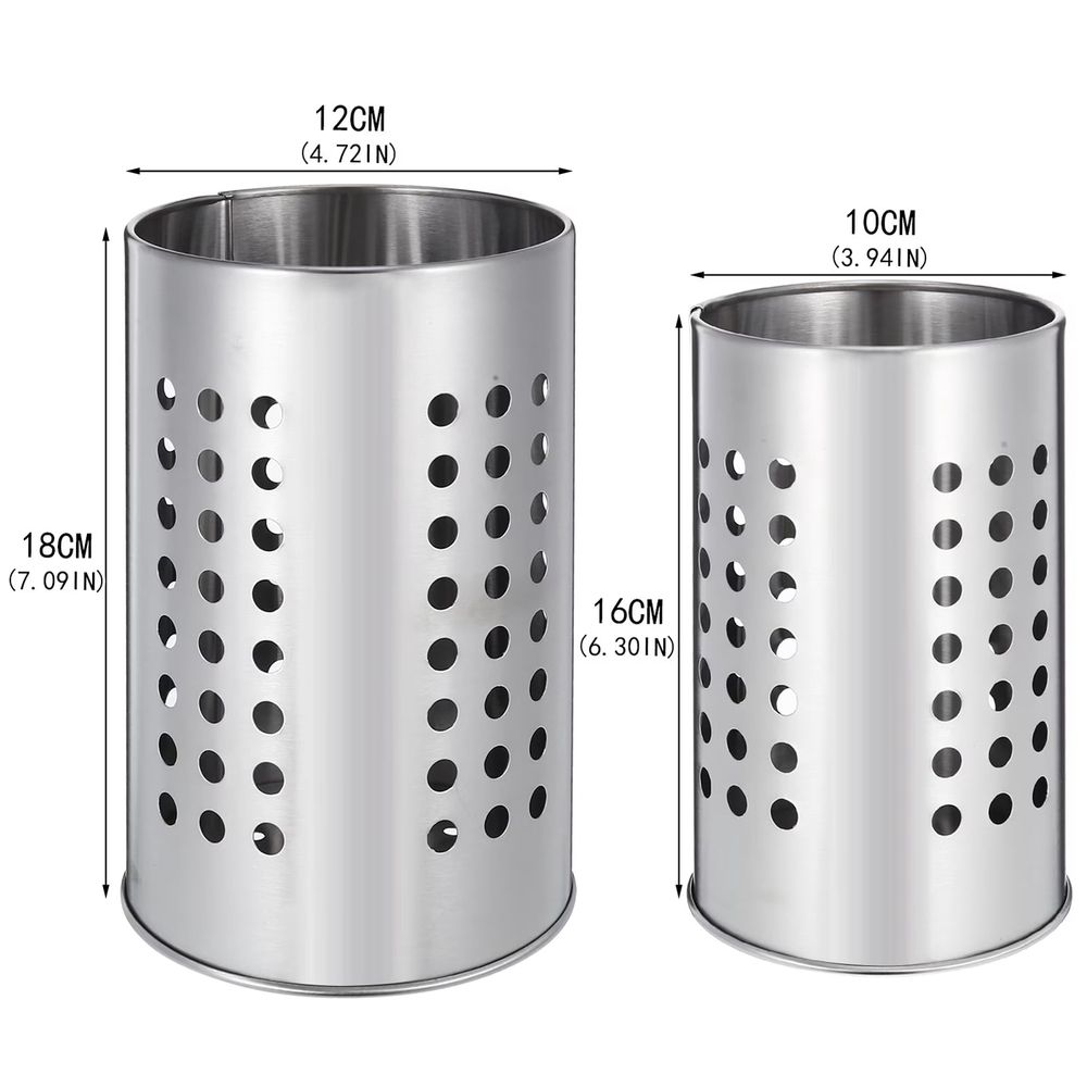 2‑Pack Stainless Steel Kitchen Utensil Holder, Round Perforated Drain‑Design Utensil Caddy, Countertop Chopstick Spatula Silver Storage Organizer for Kitchen Counter