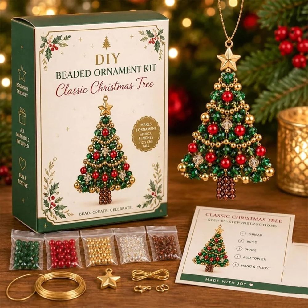 DIY Christmas Tree Beaded Ornament Kit Beginner Friendly Holiday Craft Set with Assorted Beads, Wire, Charms