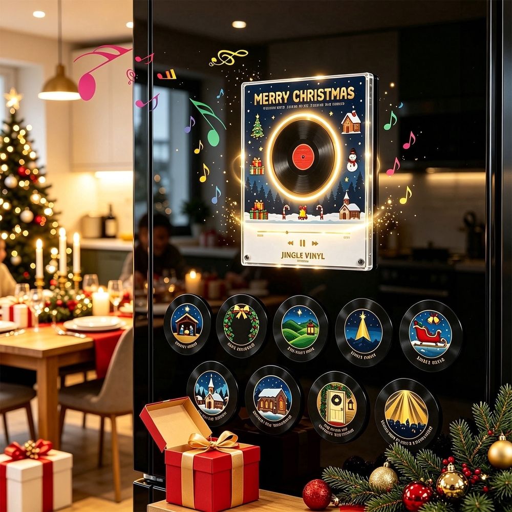 Christmas Magnetic Music Player Set, Mini Vinyl‑Style NFC Music Box with 9 Refrigerator Fridge Magnets Discs, USB‑C Rechargeable Christmas Decor & Holiday Gift