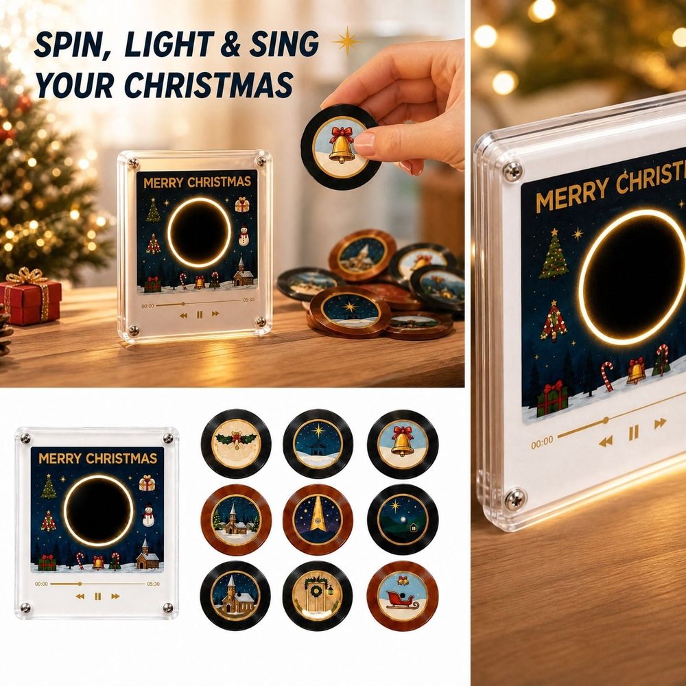 Christmas Magnetic Music Player Set, Mini Vinyl‑Style NFC Music Box with 9 Refrigerator Fridge Magnets Discs, USB‑C Rechargeable Christmas Decor & Holiday Gift