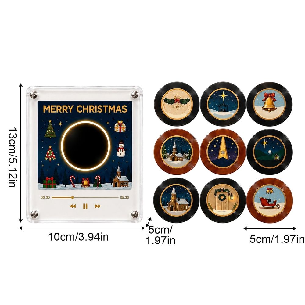 Christmas Magnetic Music Player Set, Mini Vinyl‑Style NFC Music Box with 9 Refrigerator Fridge Magnets Discs, USB‑C Rechargeable Christmas Decor & Holiday Gift