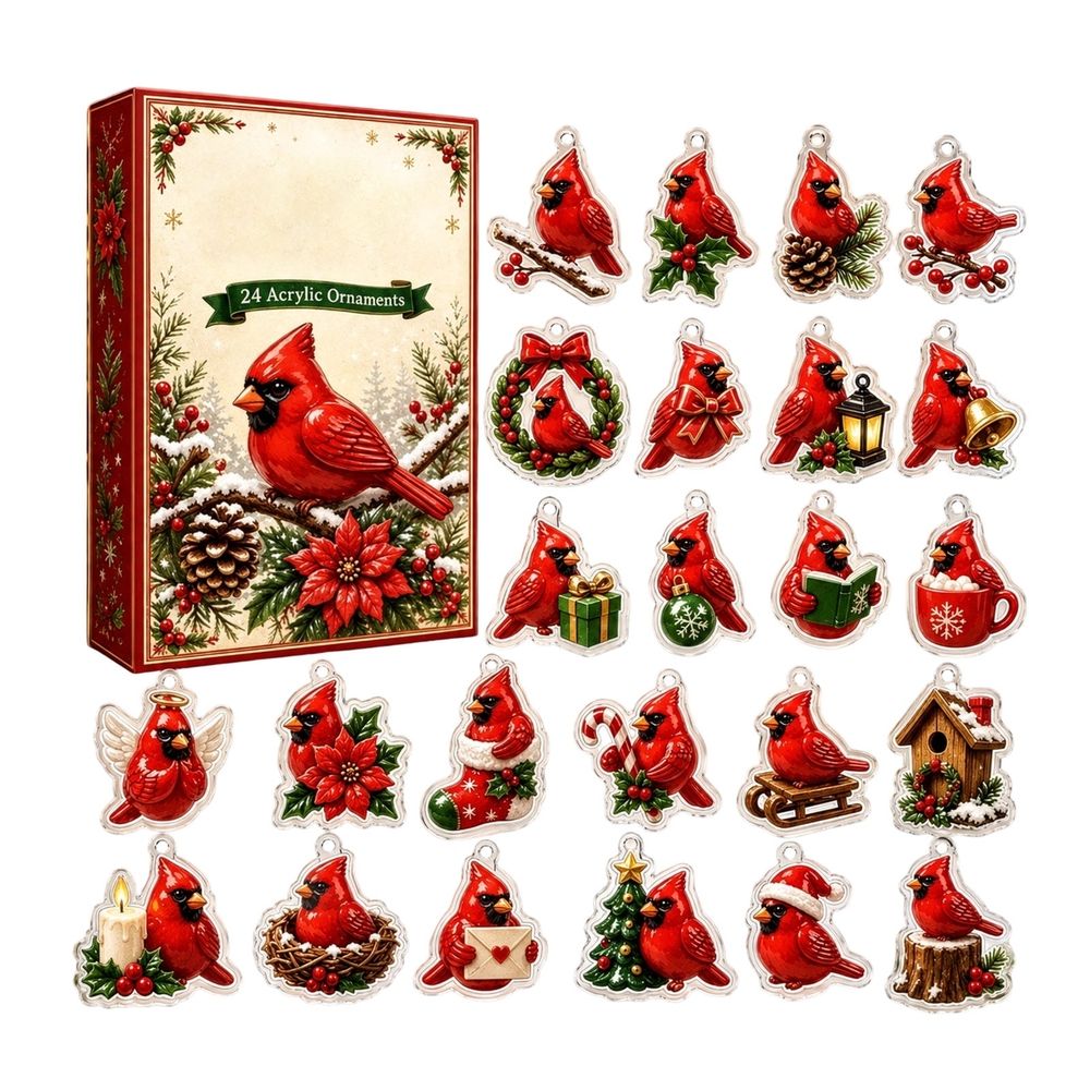 Christmas Bird Advent Calendar 2026, 24 Pcs 2D Flat Acrylic Cardinal Ornaments Countdown Blind Box, Holiday Tree Hanging Decor Gift for Bird Lovers Adults