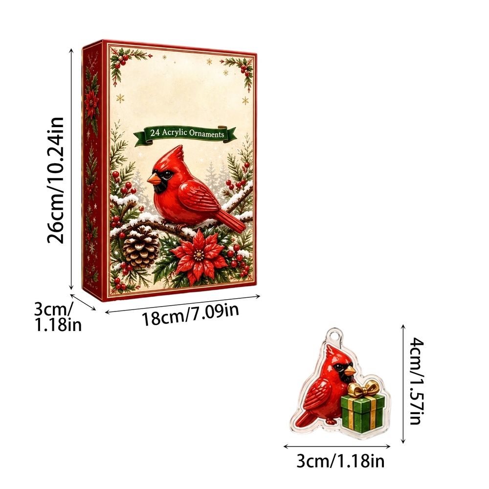 Christmas Bird Advent Calendar 2026, 24 Pcs 2D Flat Acrylic Cardinal Ornaments Countdown Blind Box, Holiday Tree Hanging Decor Gift for Bird Lovers Adults