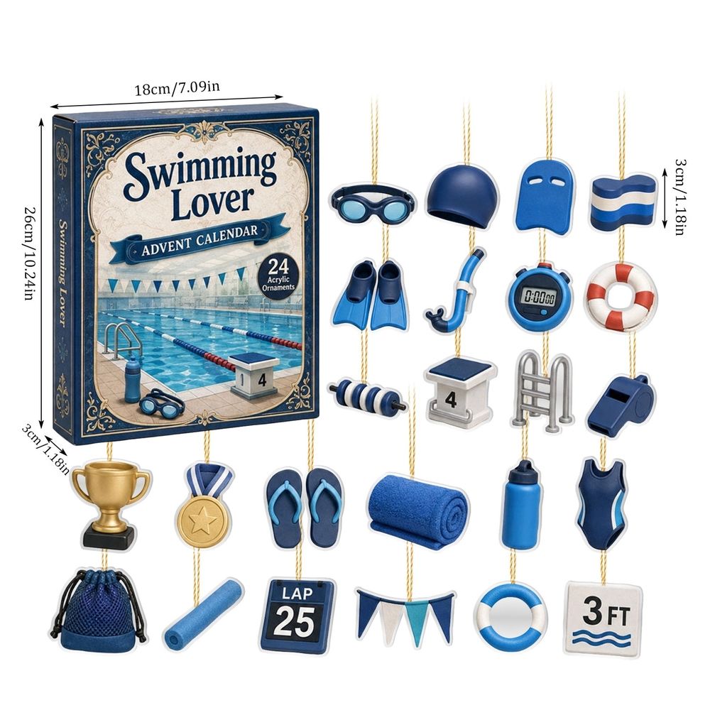 Swimming Lover Advent Calendar, 24 Days 2D Acrylic Ornaments Countdown Calendar, 24Pcs Flat Swimming Gear Hanging Decorations for Xmas Tree Swimmers Gift