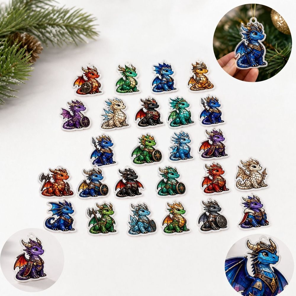 Dragon Advent Calendar, 24 Days Christmas Countdown Blind Box with 24 2D Acrylic Dragon Ornaments, Fantasy Holiday Hanging Decorations for Tree Wreath Home Party Display, Gift for Dragon Lovers