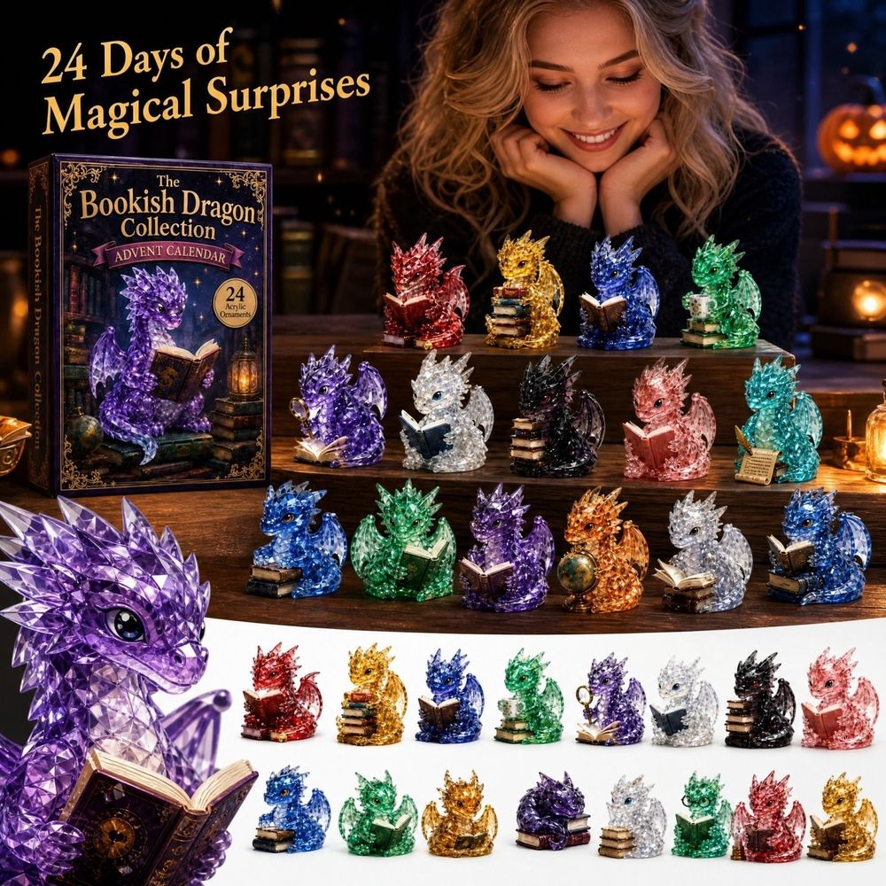 The Bookish Dragon Collection Advent Calendar 2026, 24 Days 2D Acrylic Dragon Ornaments Countdown Calendar, 24Pcs Flat Reading Dragon Hanging Decorations for Xmas Tree Book Lovers Gift