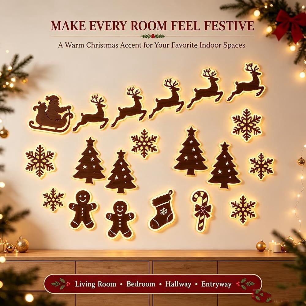 Antler Glow LED Reindeer Wall Decor, Warm Backlit Peel & Stick Christmas Wall Silhouette Lights, Lighted Reindeer Indoor Wall Accents for Living Room, Mantel, Entryway & Holiday Display
