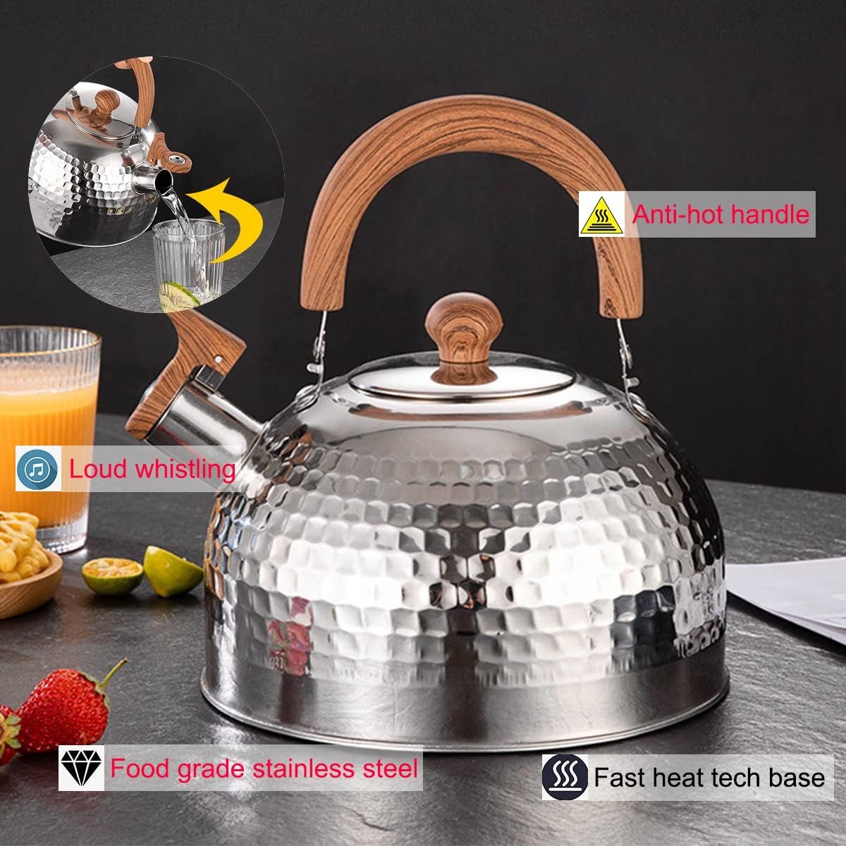 Loud Whistling Kettle for Boiling Water Coffee or Milk, 3.1 Quart 3L Heavy Stainless Steel Kettle with Wood Pattern Handle
