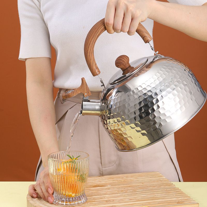 Loud Whistling Kettle for Boiling Water Coffee or Milk, 3.1 Quart 3L Heavy Stainless Steel Kettle with Wood Pattern Handle
