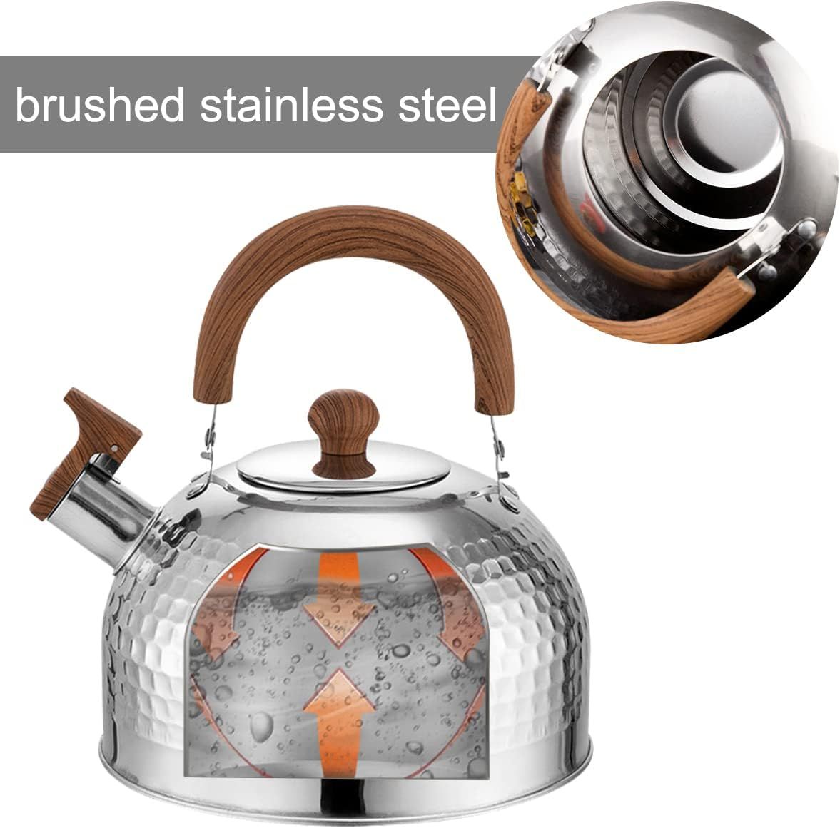 Loud Whistling Kettle for Boiling Water Coffee or Milk, 3.1 Quart 3L Heavy Stainless Steel Kettle with Wood Pattern Handle
