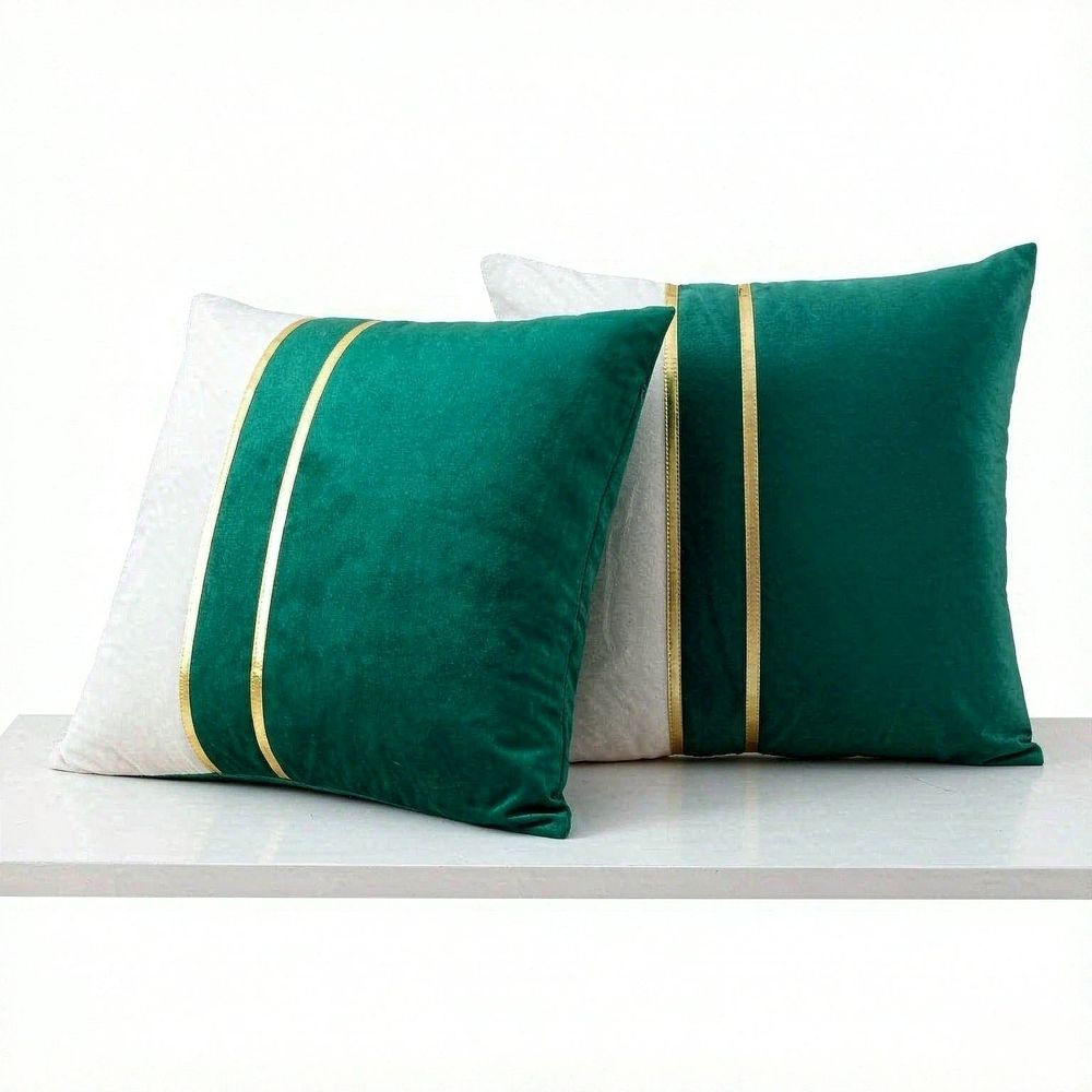 Set of 2 Velvet Decorative Throw Pillow Covers Dark Green White Patchwork with Gold Leather Pillow Covers 18 × 18 Inch Cushion