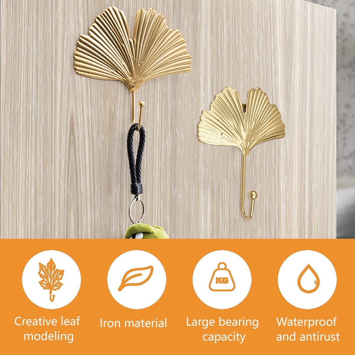 Decorative Leaves Iron Hooks,4pcs Ginkgo Leaf Shape Wall Mounted Hooks Modern Key Holder Wall Mounted Gold Single Prong Hat
