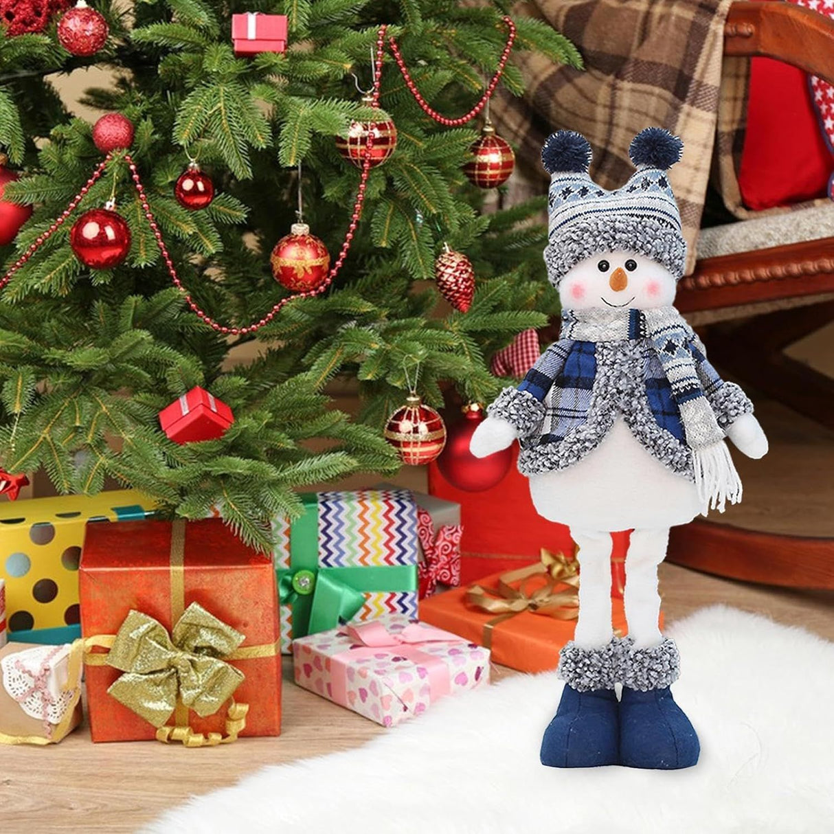 Christmas Doll Ornaments, Christmas Snowman Plush Fabric Decoration, Retractable Snowman Standing Figure Toy