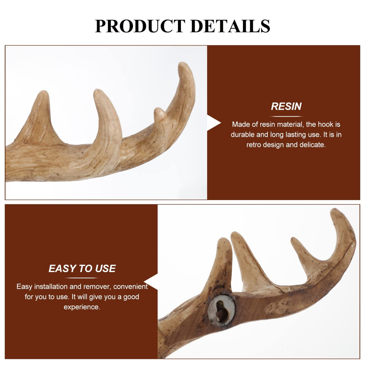 Wall Hooks Deer Antler Rack Wall Mounted Cap Coat Clothes Hanger Scarves Towels Key Holder Antler Wall Decoration (Light Brown)