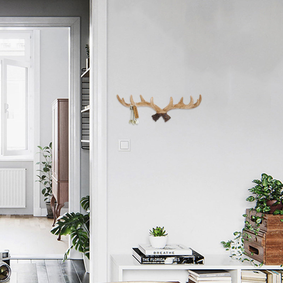 Wall Hooks Deer Antler Rack Wall Mounted Cap Coat Clothes Hanger Scarves Towels Key Holder Antler Wall Decoration (Light Brown)