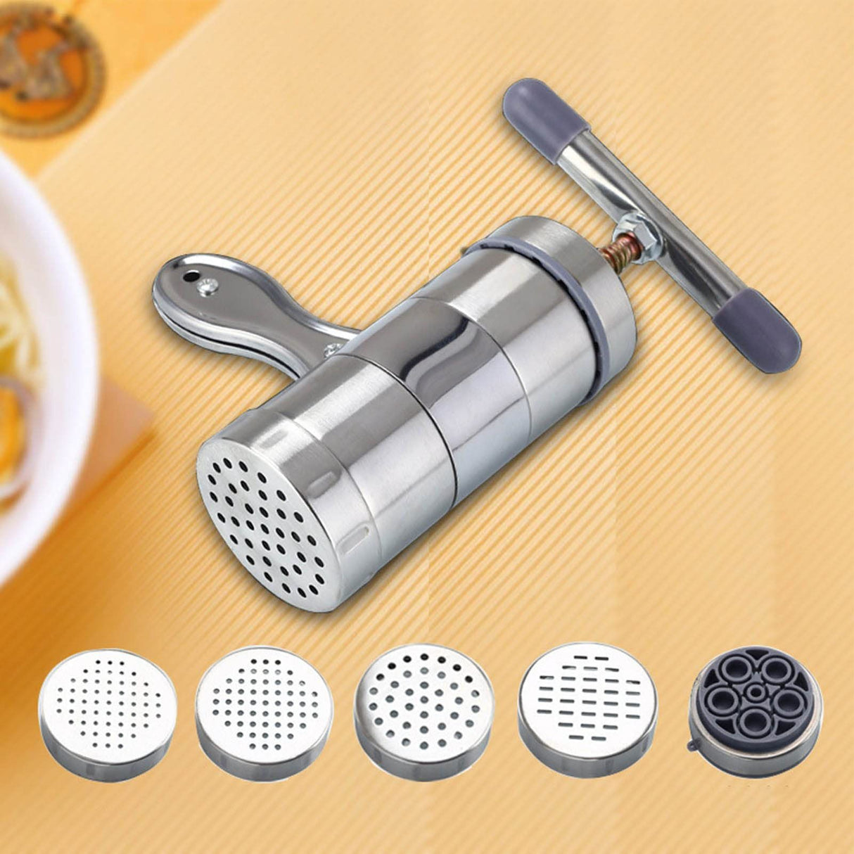 Noodle Maker Machine, Manual Press Pasta Machine Stainless Steel Hand Wringing Noodles Making Machine with 5 Noodle Mould