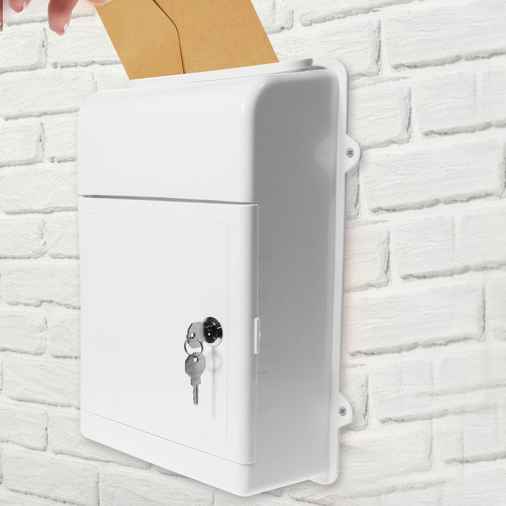 Lockable Outdoor Wall Mount Mailbox in White, Metal and Plastic Letter Box for Secure Mail Storage