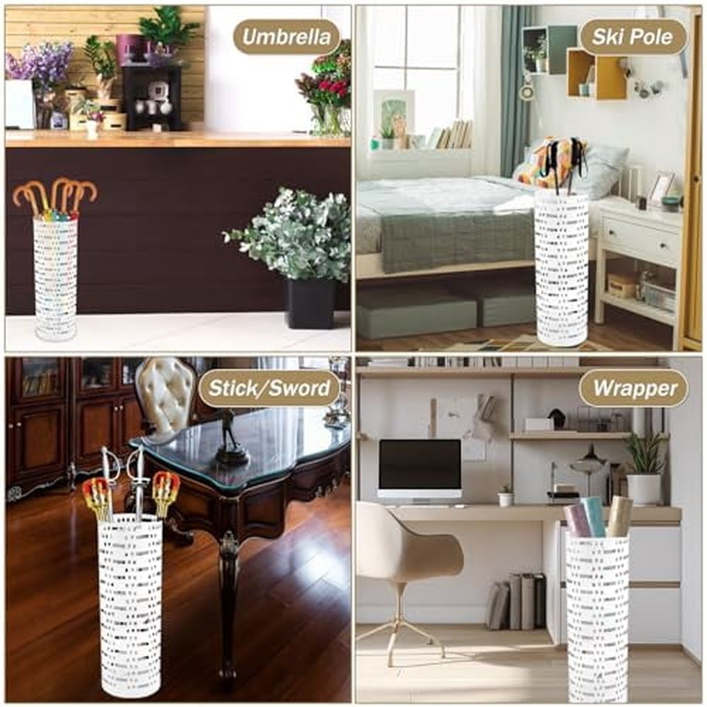 Umbrella Stand Rack,Free Standing Round Metal Umbrella Holder,Walking Sticks Umbrella Bins Waterproof Umbrella Storage Rack 16.5 x 6 inch Hollow Umbrella Storage Bucket for Indoor Home Office(white)