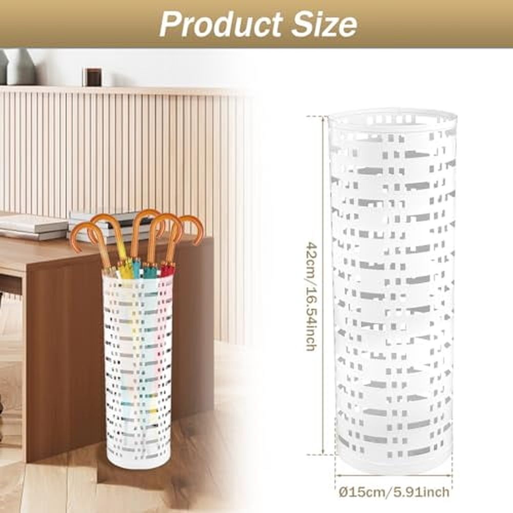 Umbrella Stand Rack,Free Standing Round Metal Umbrella Holder,Walking Sticks Umbrella Bins Waterproof Umbrella Storage Rack 16.5 x 6 inch Hollow Umbrella Storage Bucket for Indoor Home Office(white)