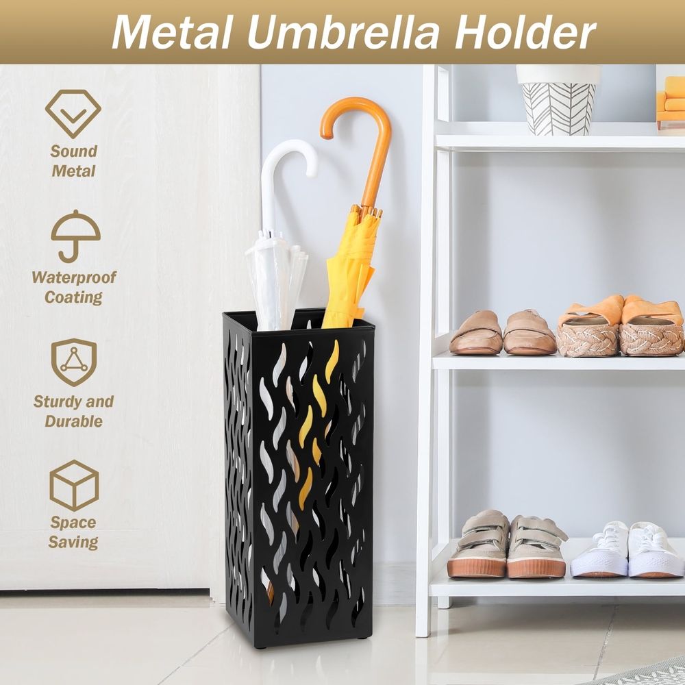 Metal Umbrella Indoor Holder Entryway Hollowed Square Decorative Umbrella Racks and Stands Freestanding Storage Organizer (6.5*6.5*16.5in)