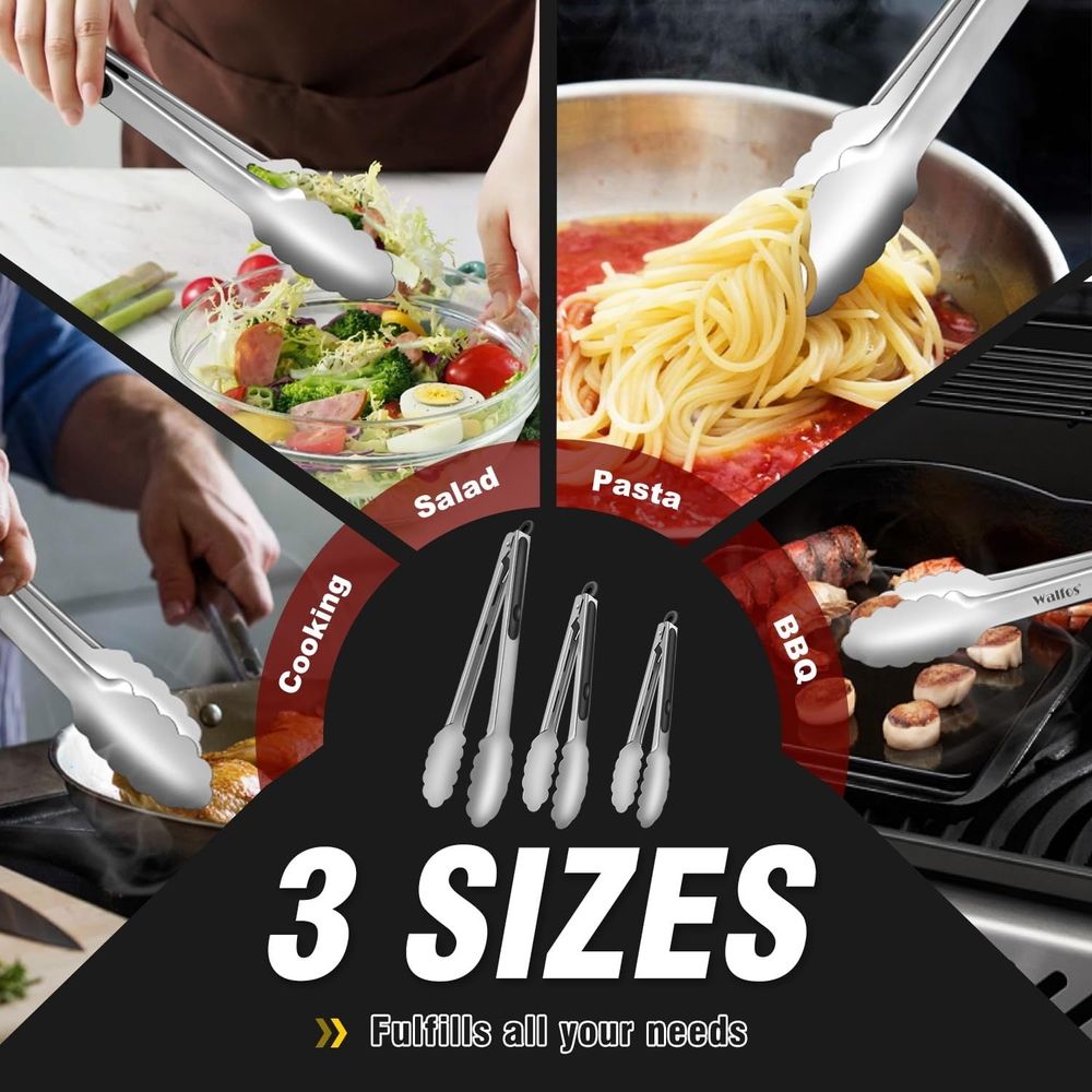 Kitchen Tongs Set of 3,Heavy Duty Stainless Steel Locking Tongs for BBQ,Salad,Meat Turning,Non-Slip Silicone Grip,7 9 12 Inches
