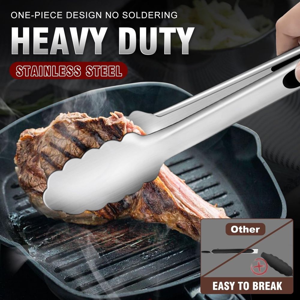 Kitchen Tongs Set of 3,Heavy Duty Stainless Steel Locking Tongs for BBQ,Salad,Meat Turning,Non-Slip Silicone Grip,7 9 12 Inches