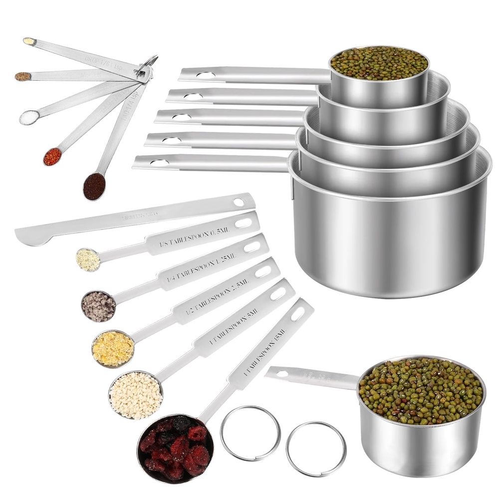 Measuring Cups and Spoons Set of 16,5 Stainless Steel Nesting Measuring Cups & 5 Spoons,1 + Leveler & 5 Mini Measuring Spoons for Cooking & Baking