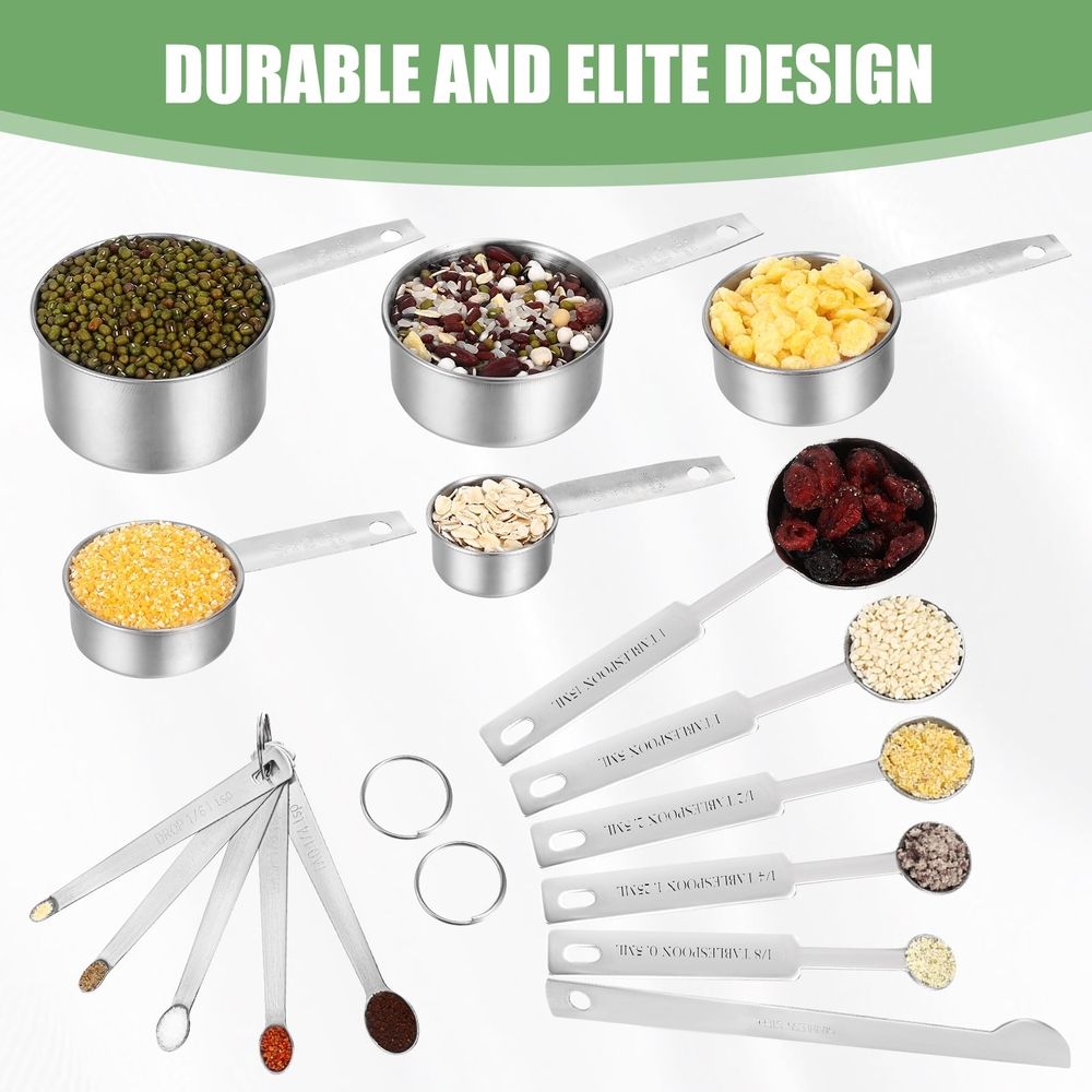 Measuring Cups and Spoons Set of 16,5 Stainless Steel Nesting Measuring Cups & 5 Spoons,1 + Leveler & 5 Mini Measuring Spoons for Cooking & Baking
