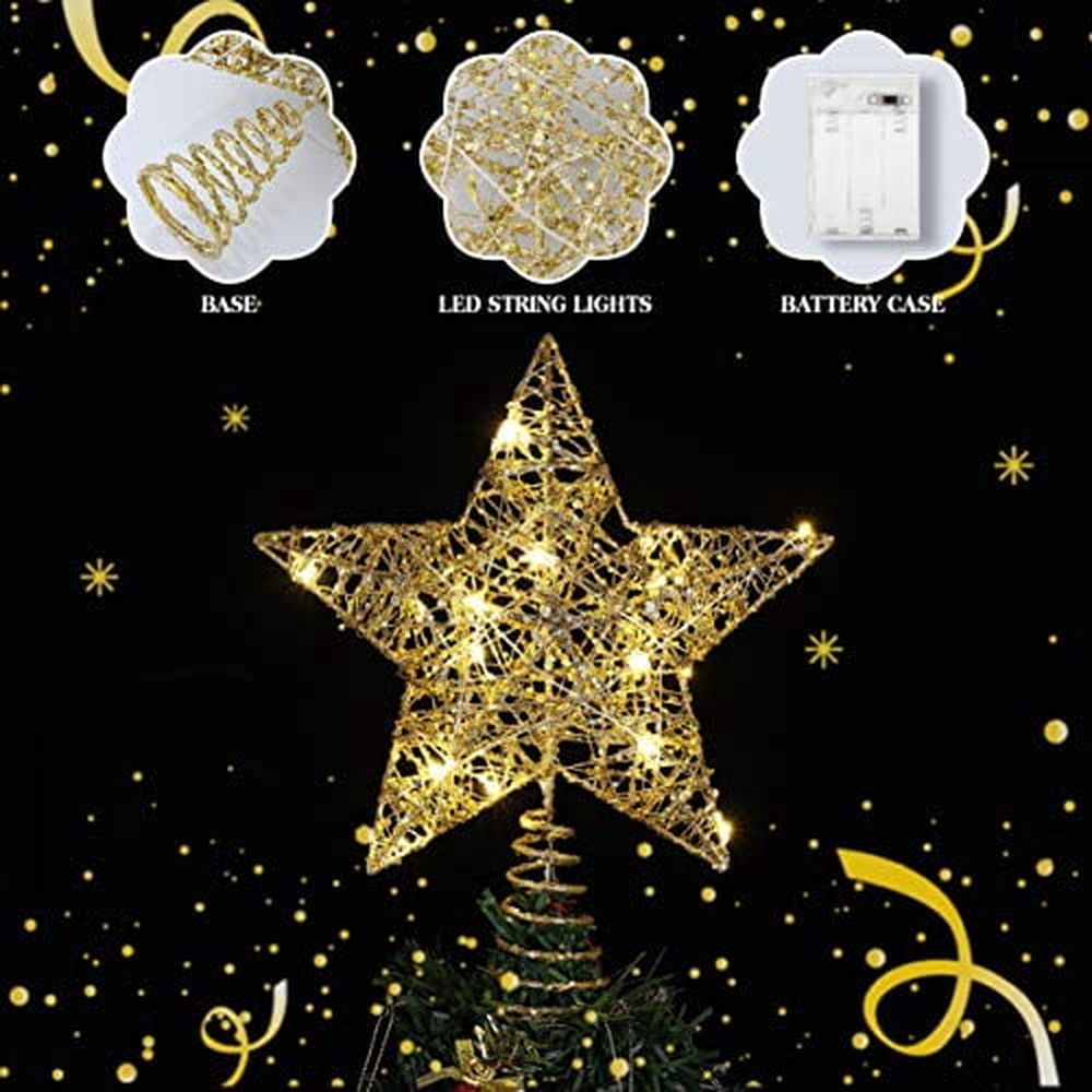 Glitter Christmas Tree Topper,10 Inch Shiny Gold Star Tree Topper for Xmas,Lightweight Holiday Treetop Decoration for Christmas Decor