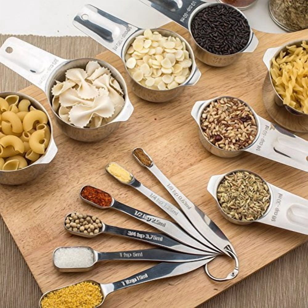 13-piece Measuring Cups and Spoons Set,18/8 Stainless Steel Heavy Duty Ergonomic Handle with Ring Connector,Silver