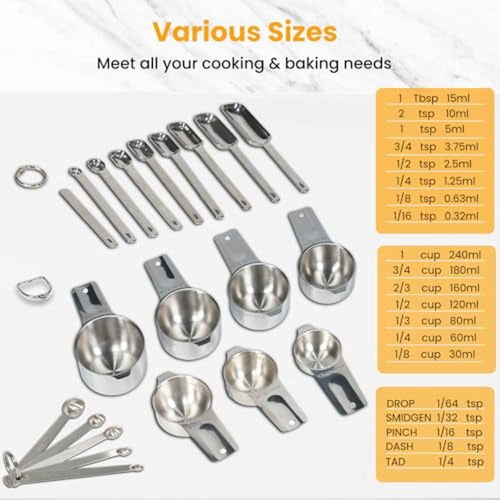 21 Pieces Measuring Cups and Spoons Set - Includes 7 Stainless Steel Measuring Cups,8 Rectangular & 5 Mini Measuring Spoons with Leveler Fits Spice Jars,Ideal for Dry and Liquid Ingredients