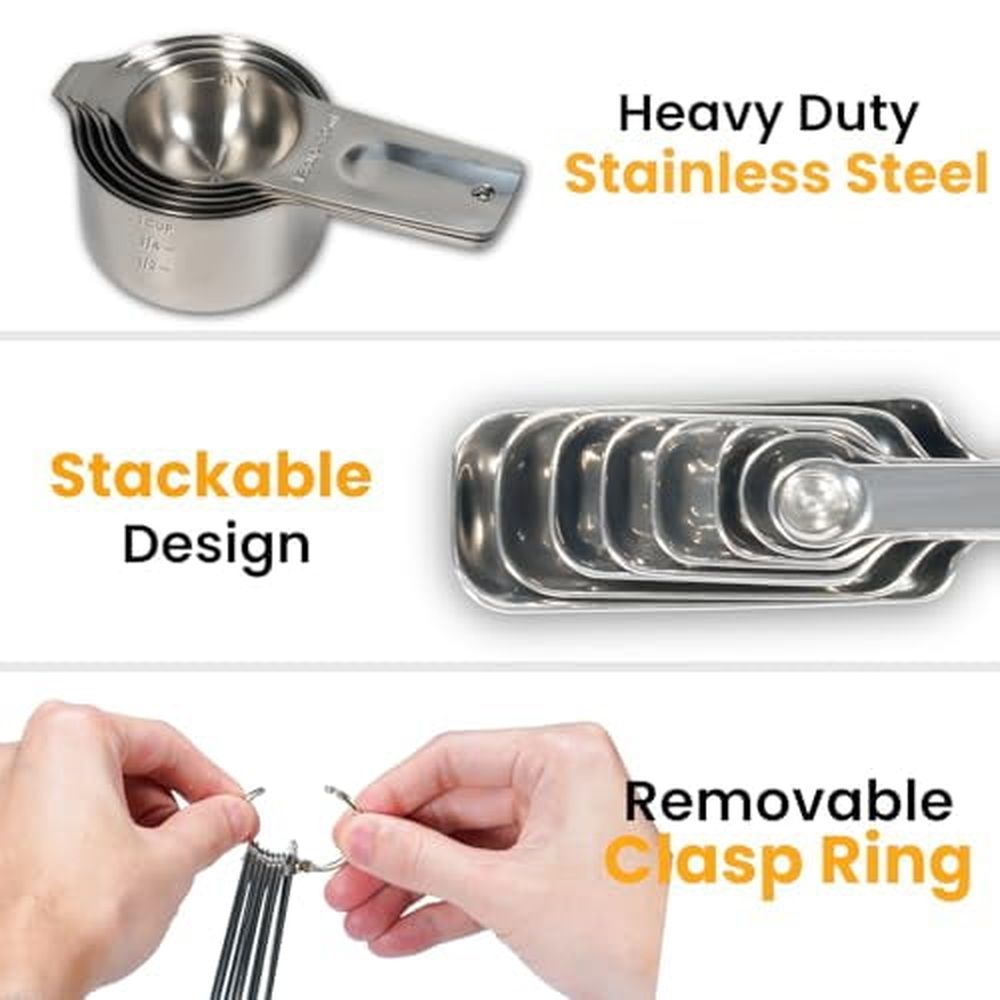 21 Pieces Measuring Cups and Spoons Set - Includes 7 Stainless Steel Measuring Cups,8 Rectangular & 5 Mini Measuring Spoons with Leveler Fits Spice Jars,Ideal for Dry and Liquid Ingredients