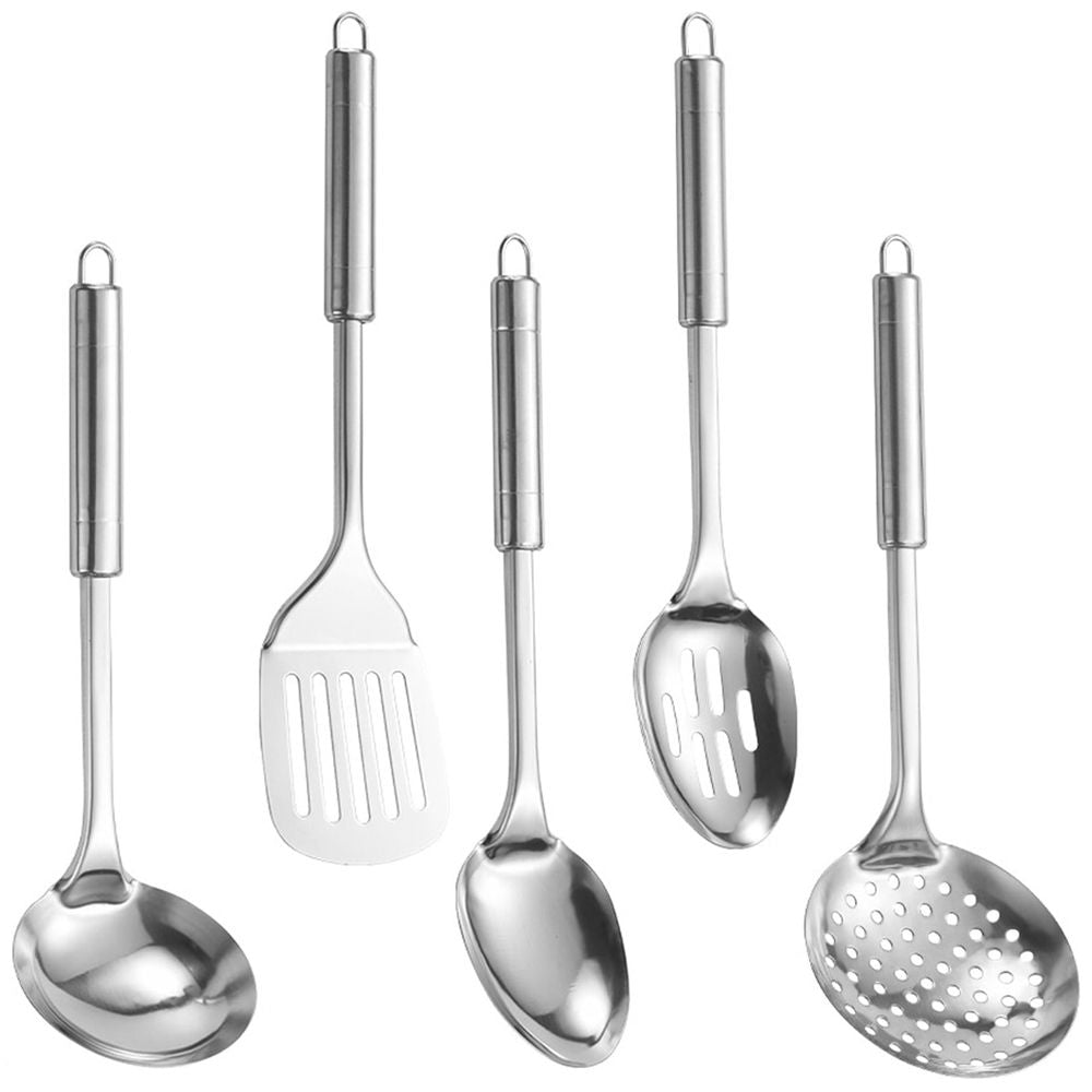 Rust-resistant Stainless Steel Kitchen Utensils 5-piece Stainless Steel Kitchen Utensils Set with Ergonomic Handle Hanging Hole Heat Resistant