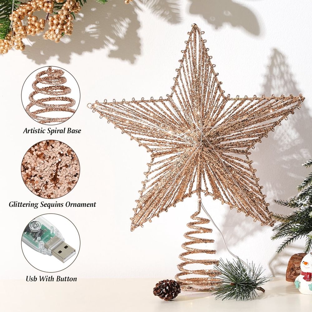 Christmas Star Tree Topper,USB Powered Remote Controlled Star Tree Topper with Lights and Sequins for Holiday Xmas Decoration,Rose Gold