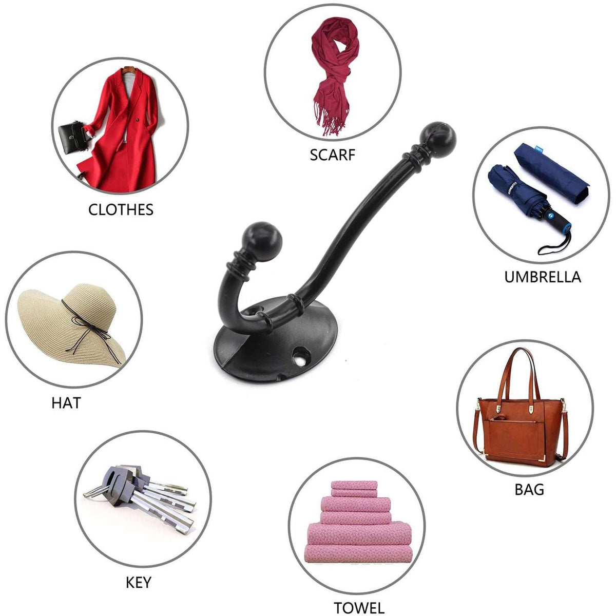 5 Pack Coat Hooks Wall Mounted, Metal Hooks ,Waterproof Rustic Shower Hanger Hooks for Garage Kitchen Bathroom with Screws (Black)