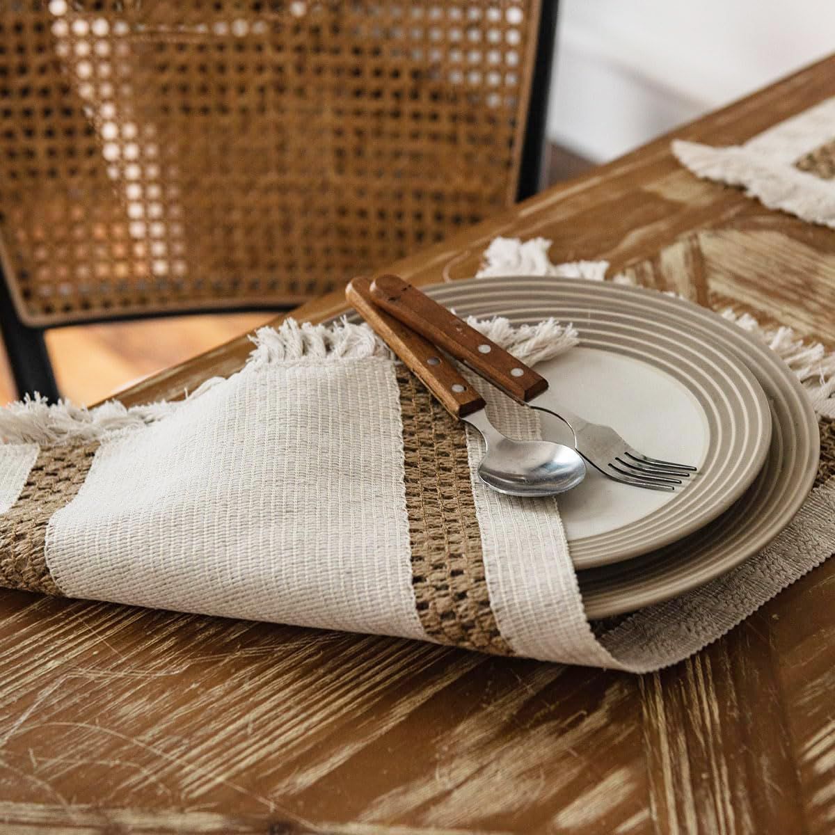 Placemats Set of 4, Place Mats for Kitchen Table 12x19 Inches, Burlap Splicing Woven Rectangular Table Mats, Farmhouse Style Table