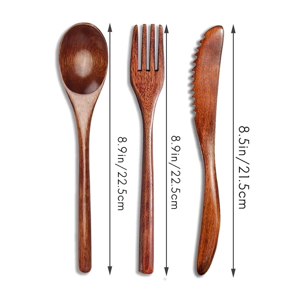 15 Pcs Wooden Spoon Fork Knife Cutlery Set Wooden Dinner Utensil Set