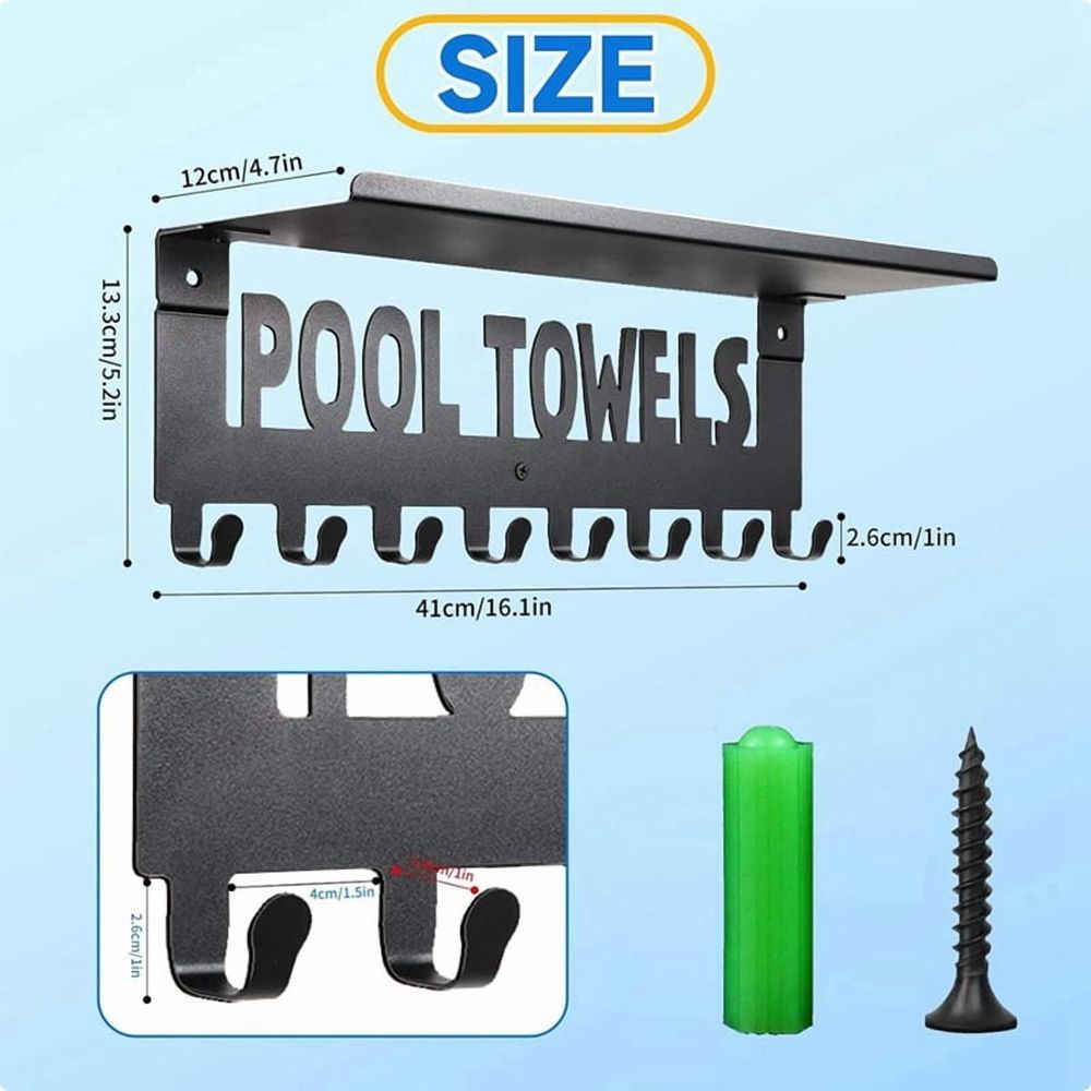 Pool Towel Racks with Shelf Outdoor Pool Decor Wall Mount Towel Hooks Towel Holder with 8 Hooks Towel Storage Hanger