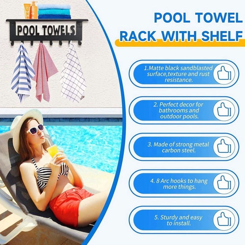 Pool Towel Racks with Shelf Outdoor Pool Decor Wall Mount Towel Hooks Towel Holder with 8 Hooks Towel Storage Hanger