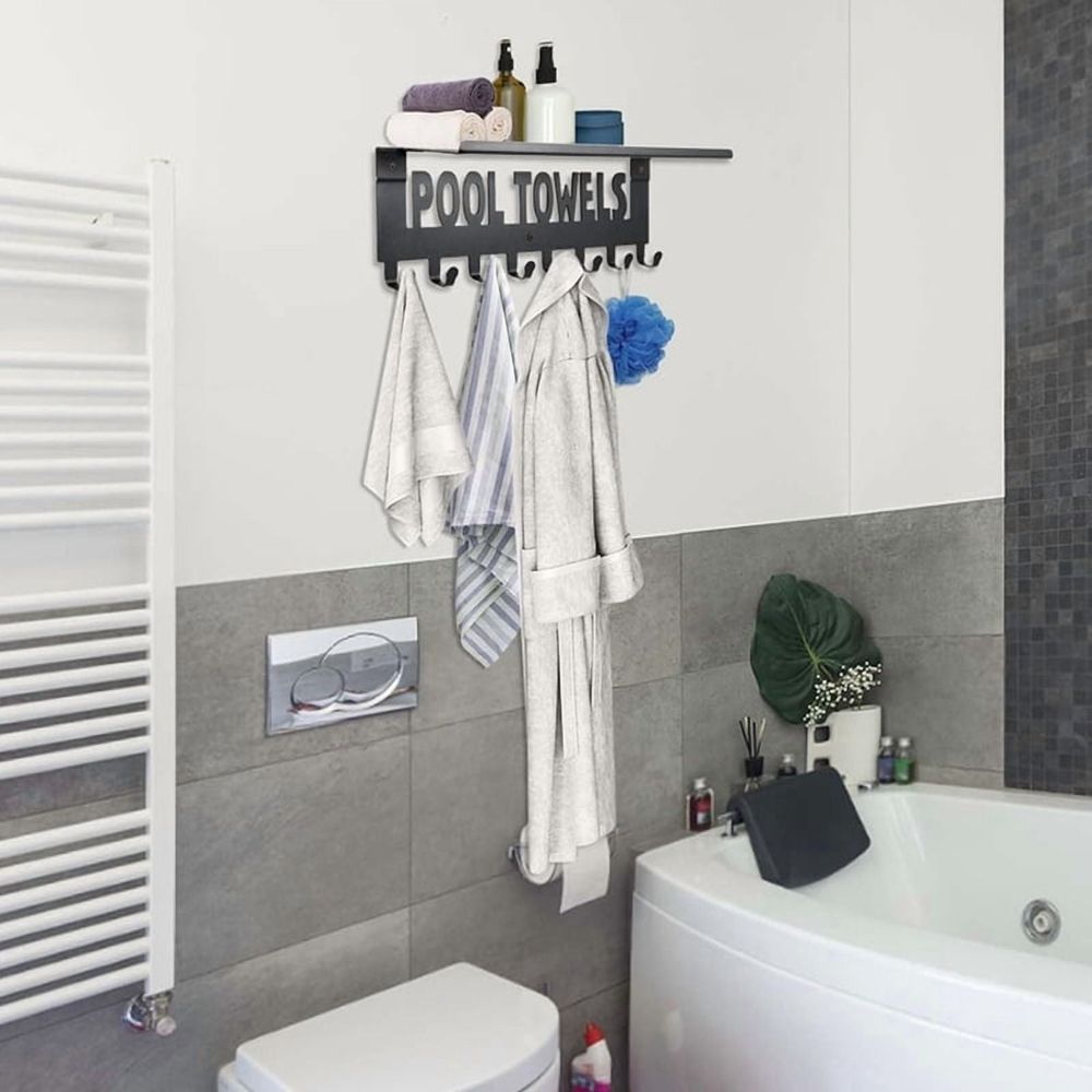 Pool Towel Racks with Shelf Outdoor Pool Decor Wall Mount Towel Hooks Towel Holder with 8 Hooks Towel Storage Hanger