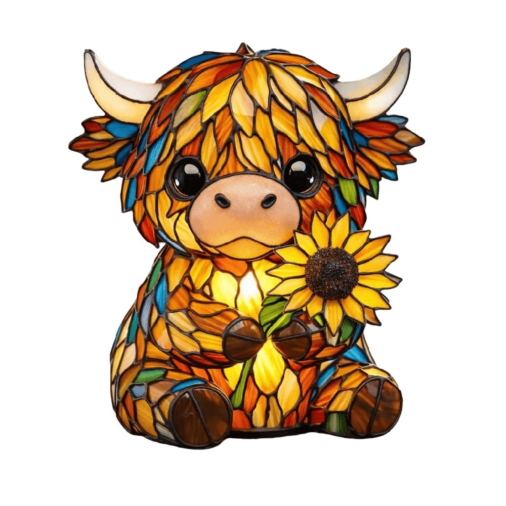 Cow Sunflower Lamp, Stained Glass Style Resin Night Light, USB Powered Warm LED Cow Decor, 9 Inch Whimsical Animal Lamp for Bookshelf Nightstand Office